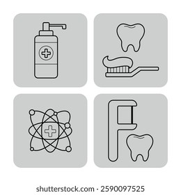 Collection of various dental health icons, including toothpaste, toothbrush, mouthwash, and atom symbolizing dental science