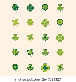 Collection of various design iterations of four-leaf clovers.  Each clover is a distinct graphic representation, displaying variations in shading, patterns, and overall aesthetic.