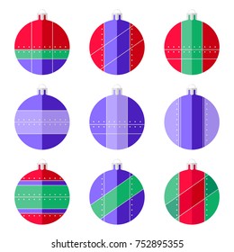 Collection of various design stylized bright spherical flat New Year tree toy. Christmas decoration 