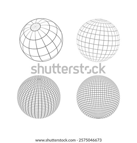 Collection of various designs of wireframe globes. Globe icon vector illustration design. Globe grid spheres. Striped 3D wireframe spheres. Geometry globe grid. earth latitude and longitude line.