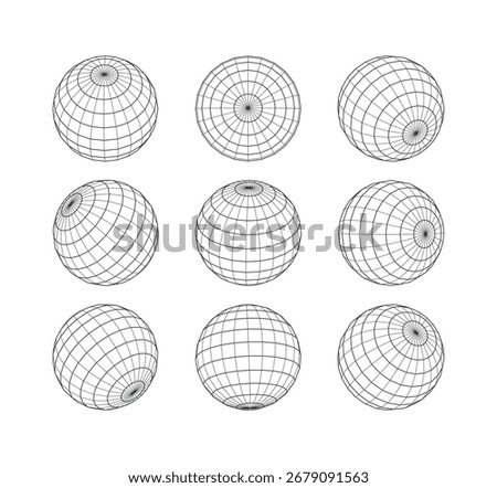 Collection of various designs of wireframe globes. Globe icon vector illustration design. Globe grid spheres. Striped 3D wireframe spheres. Geometry globe grid. earth latitude and longitude line.