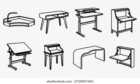 Collection of various desk types and ergonomic workstation designs