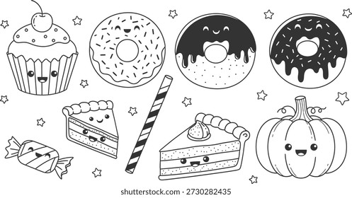 Una colección de varios postres y dulces, incluyendo cupcakes, donuts, pasteles, dulces y una calabaza, todos con caras sonrientes, rodeados de estrellas en una ilustración en blanco y negro.
