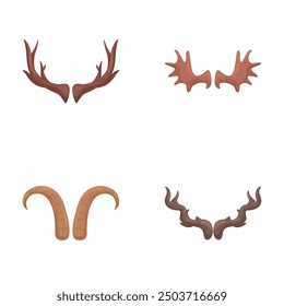 Collection of various detailed animal horns and antlers isolated on a white background