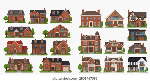 A collection of various detailed house illustrations, showcasing different architectural styles and designs for residential buildings with lawns and trees.