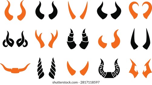 A collection of various devil, demon, and animal horn illustrations in black and orange, isolated on a white background, perfect for fantasy character design and Halloween graphic projects.