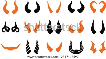 A collection of various devil, demon, and animal horn illustrations in black and orange, isolated on a white background, perfect for fantasy character design and Halloween graphic projects.