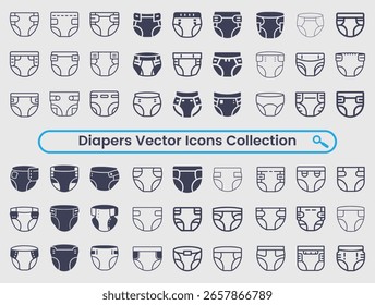 Eine Sammlung verschiedener Windelvektorsymbole, die verschiedene Stile und Designs in Umriss- und Füllformaten zeigen, ideal für Babypflege oder hygienische Konzepte.