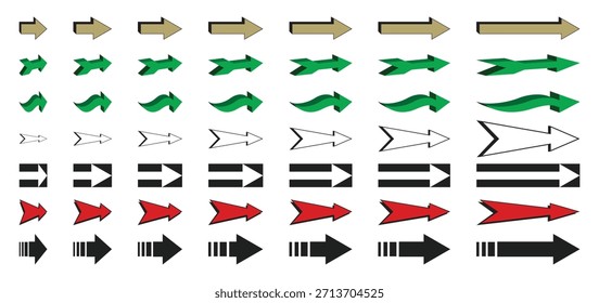 Uma coleção de várias setas direcionais em diferentes estilos e cores. Coleção de ilustrações vetoriais de diversos ícones de seta.