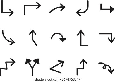 Una colección de varias flechas direccionales, incluidas las Formas rectas, curvas, anguladas y en zigzag, que muestran diferentes direcciones y caminos.