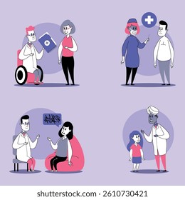 Collection of various doctor-patient interactions. Communication and care concept