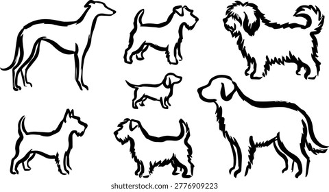 Collection of various dog breeds drawn with black ink outlines