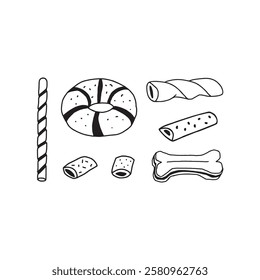 A collection of various dog treats in a black-and-white line art style. Includes bones, rolls, and ring-shaped treats, making it ideal for pet food branding or instructional pet guides.