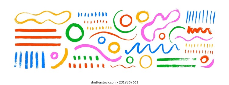 Collection various doodle geometric shapes and lines. Hand drawn vector multi colored elements drawn with a brush. Organic shapes, circles and dots in childish style drawing. 