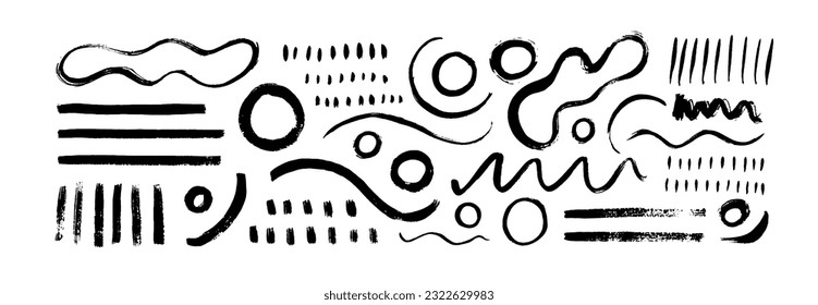 Collection various doodle geometric shapes and lines. Hand drawn vector elements drawn with a brush. Childish style geometric elements isolated on white background. Organic shapes, circles and dots.
