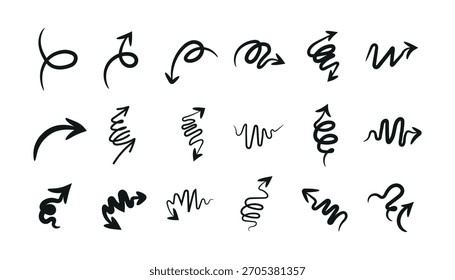 Coleção de várias setas estilo doodle apontando em diferentes direções, perfeito para elementos de design, navegação, ou ilustração conceito abstrato.
