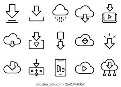Collection of various download icons representing cloud storage mobile data internet and video concepts