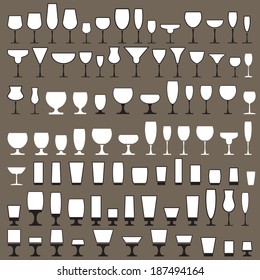 Collection of various drink glasses, icons set, isolated on gray background, vector illustration.