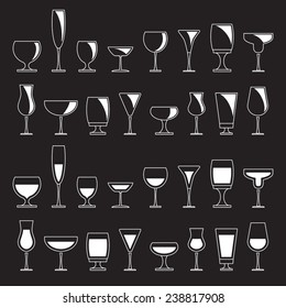 Collection of various drink glasses, icons set, white isolated on black background, vector illustration.