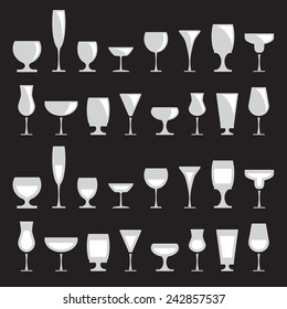 Collection of various drink glasses, icons set, isolated on black background, vector illustration.