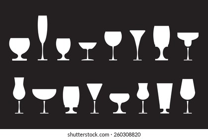 Collection of various drink glasses, icons set, white isolated on black background, vector illustration.