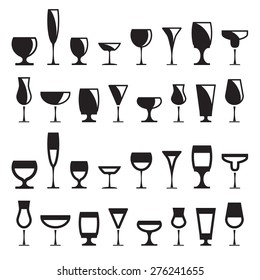 Collection of various drink glasses, icons set, black isolated on white background, vector illustration.