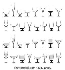 Collection of various drink glasses, icons set, isolated on white background, vector illustration.