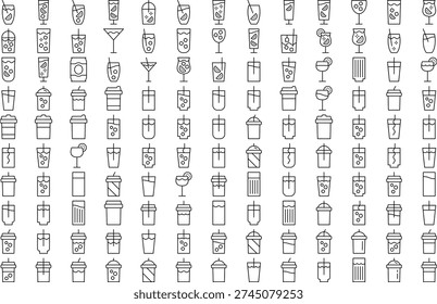 Collection of various drink icons in black outline on white background, including cocktails, coffee, and juice