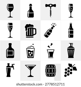 Collection of Various Drink Icons Including Wine Glasses Bottles Cocktails and Beer Mugs for Design Projects