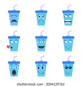 Collection of various drinking cup expressions. Contains Icons like winking faces with tongues, Confused faces, happy, angry and more. Vector illustration.