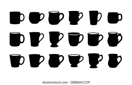 Collection of various drinking vessel silhouettes including mugs and cups perfect for menus branding or cafe designs.