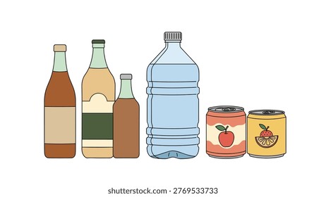 Collection of various drinks in different containers including glass bottles, a large water jug, and fruit juice cans.