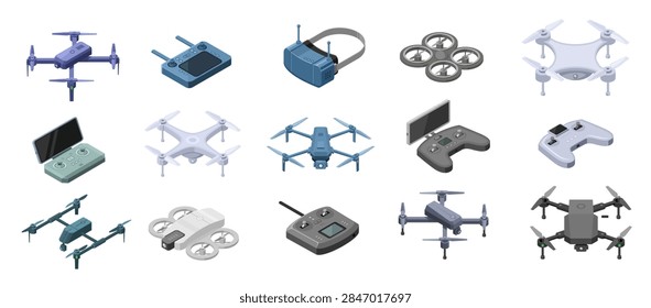 Collection of various drone models and remote controllers illustrated from different angles