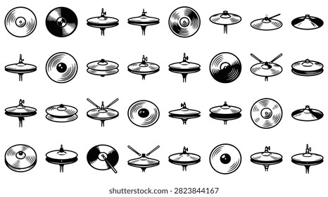 A collection of various drum cymbals and drumsticks depicted in a graphic illustration style.