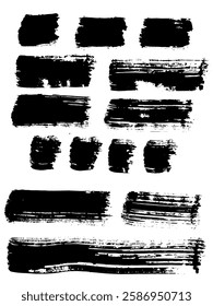 A collection of various dry brush strokes with a rough, textured, and grunge-style look. Each stroke has a unique shape and movement, creating an expressive and artistic feel. 