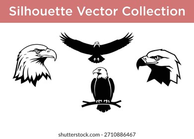 Collection of various eagle silhouettes, including heads, flying, and perched poses. Ideal for logos, emblems, and graphic designs.