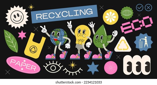 Collection of various eco patches recycling, labels, tags, stickers, stamps. Funky hipster stickers in 90s style. Vector set, trendy promo labels