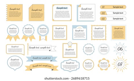 Collection of various editable text labels including banners, badges, and frames in pastel yellow and blue colors on white background. Concept of UI and infographic. Vector illustration