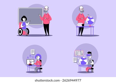 Collection of various educational activities. Different individuals engaging in lessons, both in traditional and digital settings, promoting inclusive learning experiences