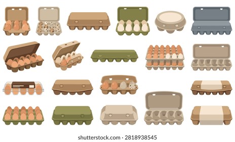 Collection of various egg cartons cardboard and plastic containers for eggs with different numbers of eggs inside for grocery or farm.