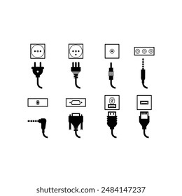 Collection of Various Electrical and Audio Plugs. Vector icon.