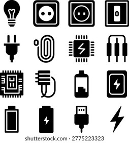 Collection of various electrical and electronic symbols icons representing power sources and components