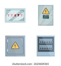 Coleção de vários painéis elétricos e caixas de fusíveis em uma ilustração de design plano