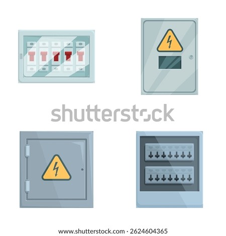 Collection of various electrical panels and fuse boxes in a flat design illustration
