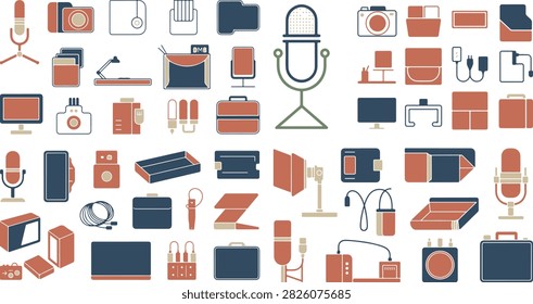 Collection of various electronic and audio equipment icons including microphones speakers cameras and other gadgets used in studio or multimedia setups for professional recording and broadcasting purposes