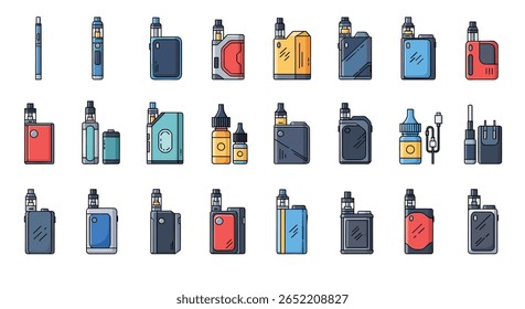 Coleção de vários dispositivos eletrônicos de cigarro e garrafas de E-líquido mostrando tecnologia moderna de vaping e acessórios