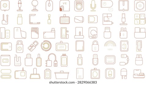 Collection of various electronic and computer accessories icons including chargers batteries USB drives and adapters in a minimalistic outlined design suitable for techrelated illustrations and interfaces