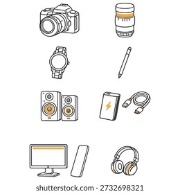 A collection of various electronic devices and accessories, including a camera, lens, watch, stylus, speakers, power bank, cables, monitor, remote, and headphones.