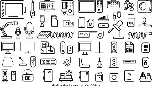 Collection of various electronic devices and computer accessories including monitors keyboards microphones and gadgets arranged on a white background for technology and electronics themes