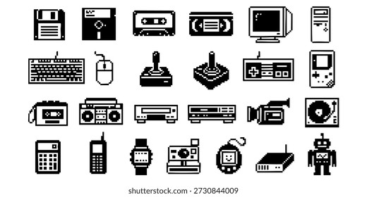 Coleção de vários dispositivos eletrônicos e ícones de gadgets exibidos juntos em uma grade em um fundo limpo